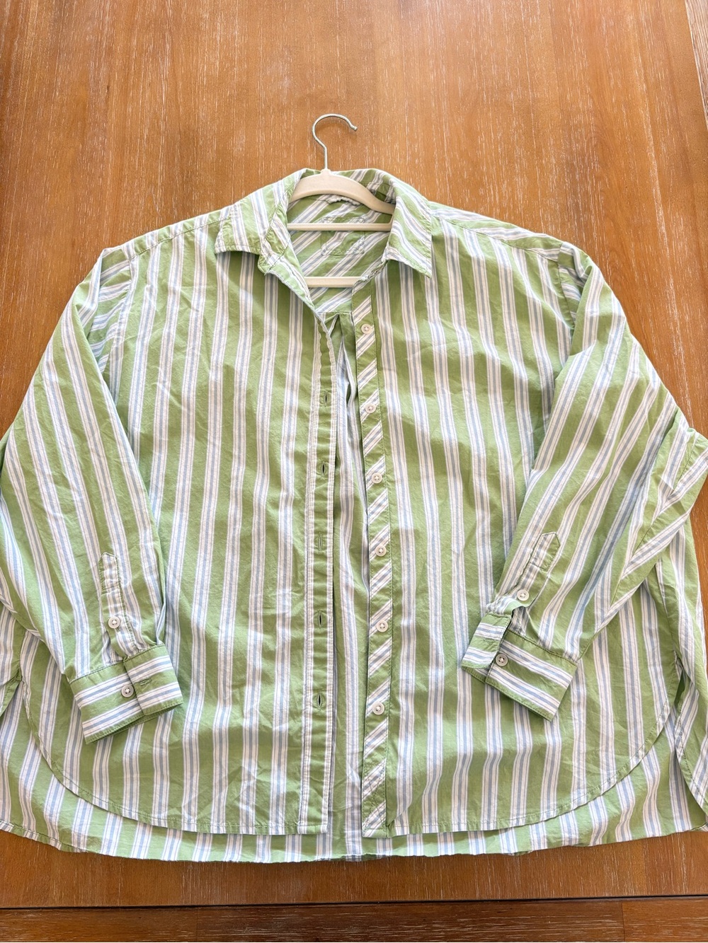 aerie Green and White Striped Button-Down Shirt